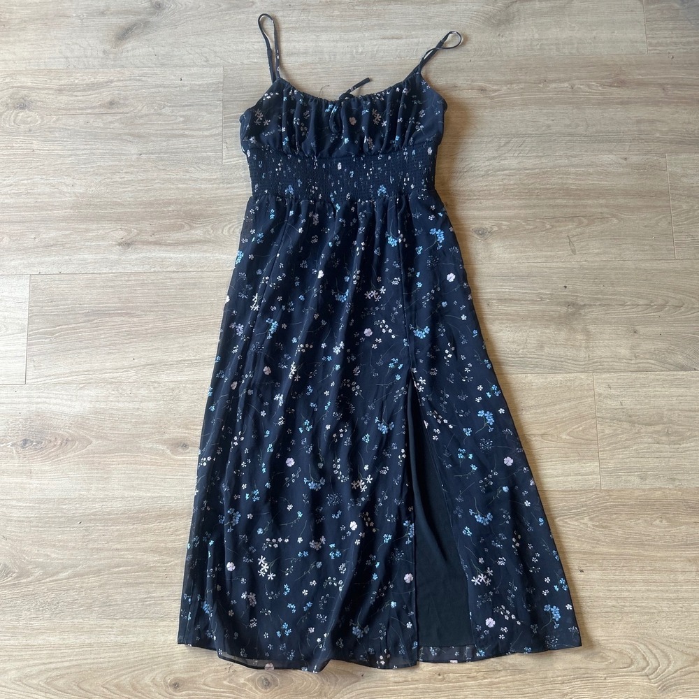 Black Floral Smocked Midi Dress Side Slit‎ Sleeveless